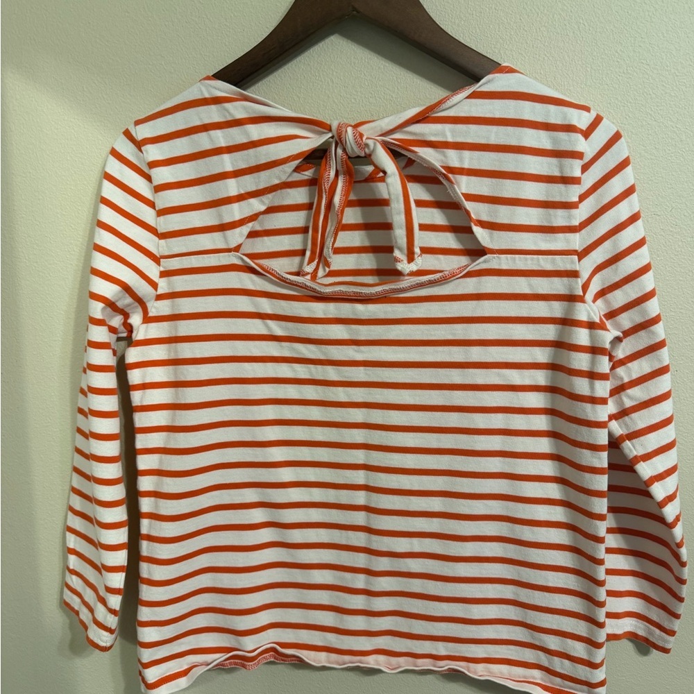 J.Crew Orange White Stripe Tie Back Top 3/4 Sleeve Cotton Size Small Nautical - Picture 7 of 8